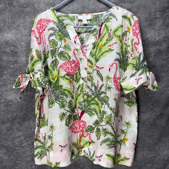 Charter Club 100% Linen Top Tee Womens L Flamingo Palm Print Tie Sleeve Tropical - Picture 1 of 10